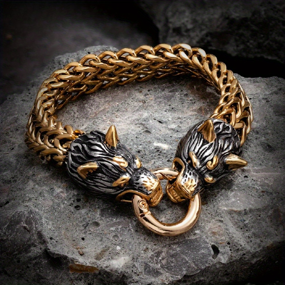 Men's Viking Celtic Wolf Head Mesh Chain Bracelet